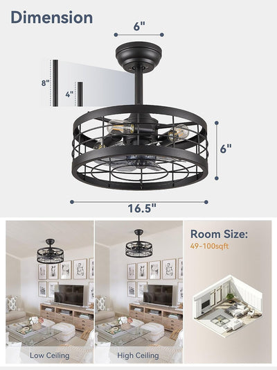 16.5 Inch Black Caged Ceiling Fan with Light, Fandelier Industrial