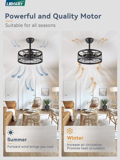 16.5 Inch Black Caged Ceiling Fan with Light, Fandelier Industrial