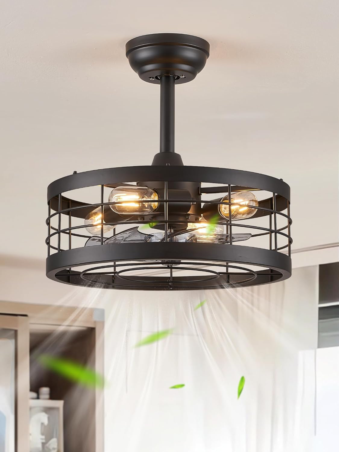 16.5 Inch Black Caged Ceiling Fan with Light, Fandelier Industrial