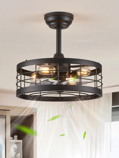 16.5 Inch Black Caged Ceiling Fan with Light, Fandelier Industrial