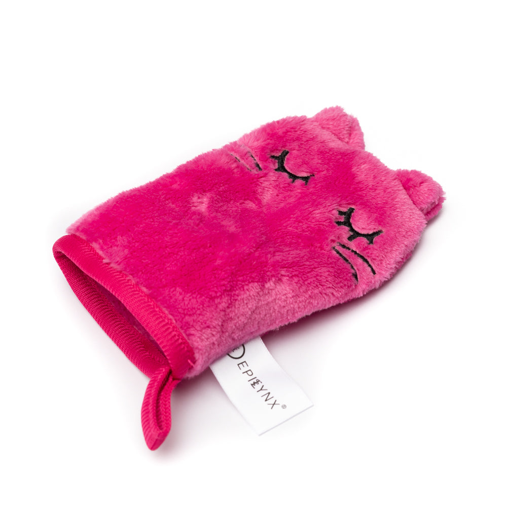 Pink cat-themed plush glove, perfect for cozy wear and skincare routines, featuring adorable cat ears and facial design.