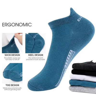 Ergonomic blue low cut men’s sock showing heel, toe, and sock designs; features durable elastic and breathability.