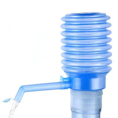 Manual hand pump for water bottles with a blue body and spout, designed for easy pressure drinking fountain use.