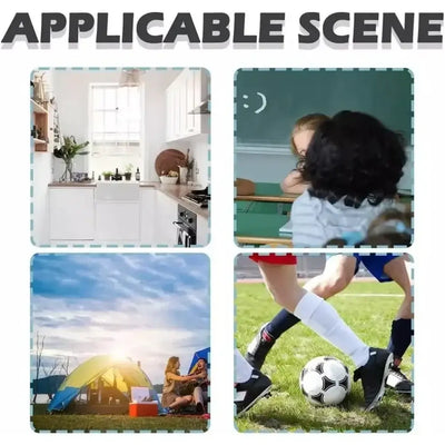 Four images showcasing various scenes: kitchen, classroom, outdoor camping, and soccer playing.