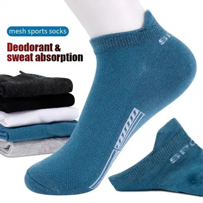 Blue mesh sports socks showcasing deodorant and sweat absorption features, perfect for comfort and daily wear.