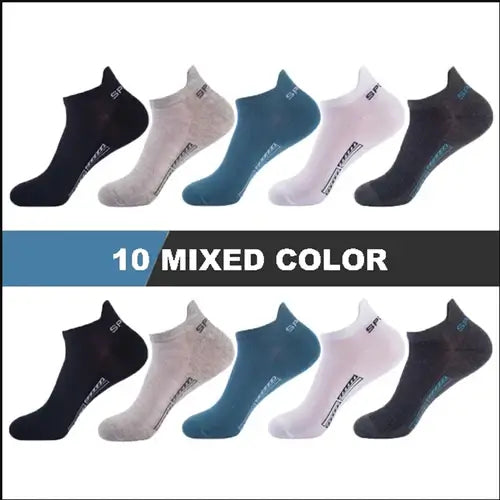 Men's short socks in 10 mixed colors, featuring high-quality polyester for durability and comfort.