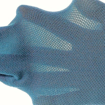 Close-up of a textured blue fabric showcasing its fine mesh design, ideal for breathable and soft sock material.