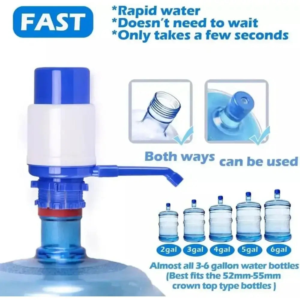 Manual hand pump for water bottles, delivers quick water flow, compatible with 3-6 gallon bottles, easy to use.