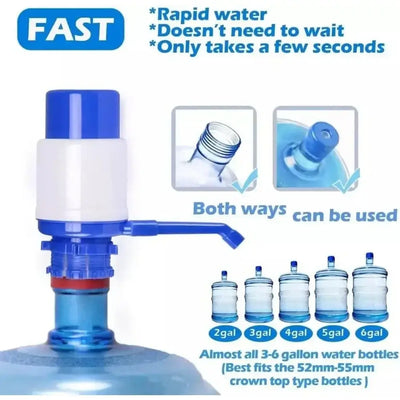 Manual hand pump for water bottles, delivers quick water flow, compatible with 3-6 gallon bottles, easy to use.