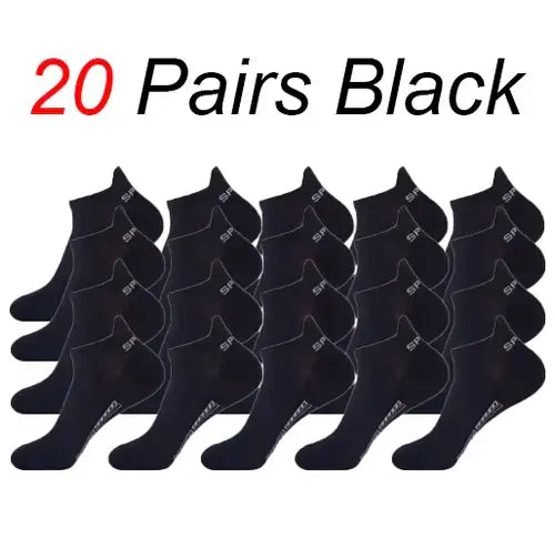 20 pairs of black low cut men’s socks featuring a trendy design and comfortable fit.