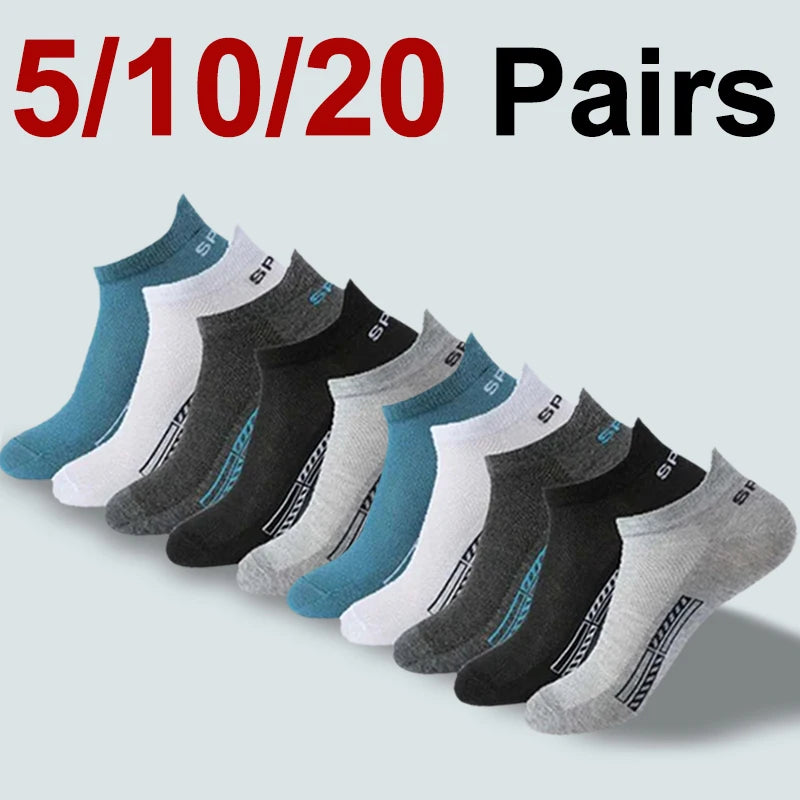 5/10/20 pairs of men's trendy low cut socks in various colors for comfortable, antibacterial daily wear.