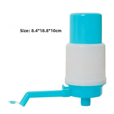 Manual water bottle pump in blue and white, designed for easy pressing; size 8.4*18.8*10cm.