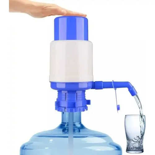 Manual hand pump water bottle dispenser with blue cap, supplying water into a glass, ideal for home or office use.