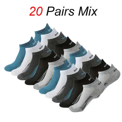 20 pairs of trendy mix men short socks in various colors, ideal for comfort and antibacterial properties.