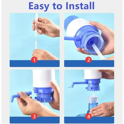 Four-step installation guide for a manual hand pump water bottle, demonstrating assembly parts and connection.