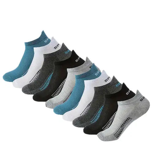 5 pairs of trendy men short socks in various colors, featuring a low cut round neck design for comfort and style.