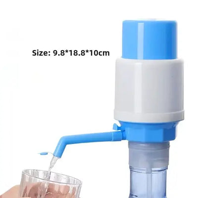 Manual hand pump for water bottles, featuring a blue and white design with easy dispensing to fill glasses.