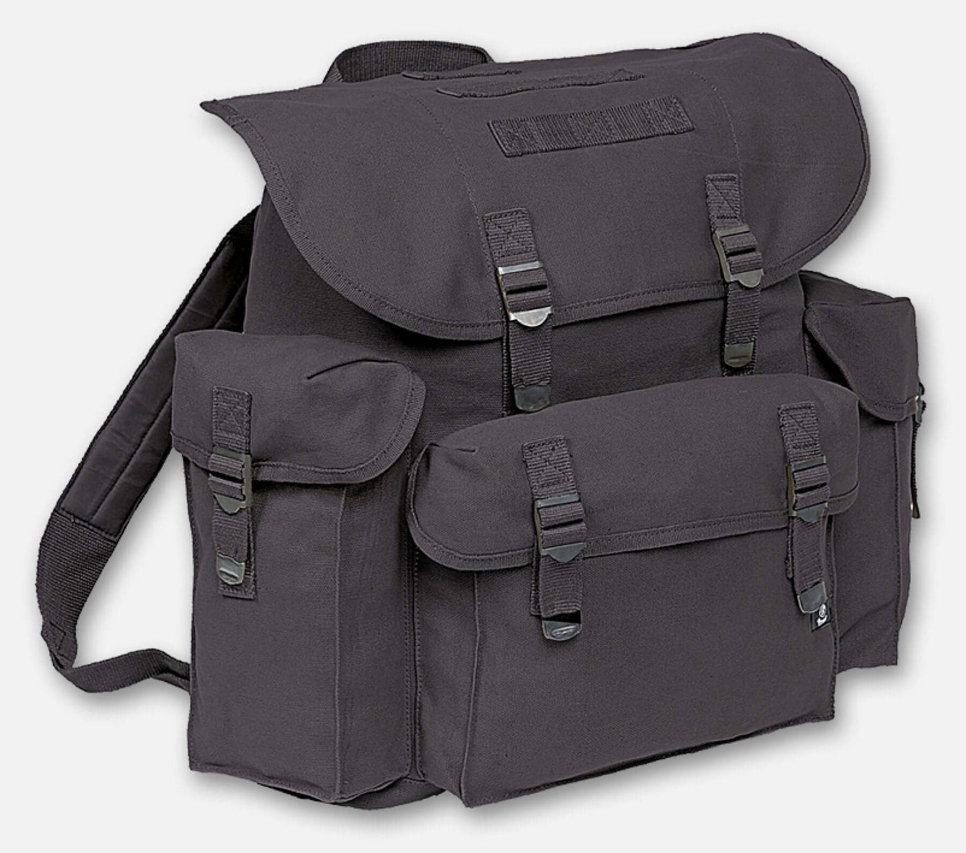 Pocket military bag with lightly padded shoulder straps, metal closures, and three exterior pockets.