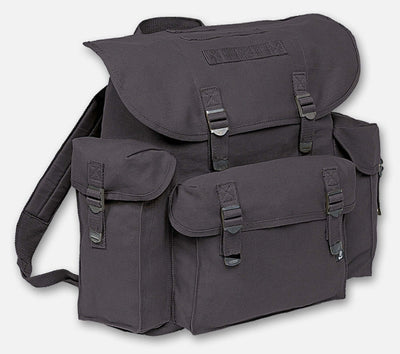 Pocket military bag with lightly padded shoulder straps, metal closures, and three exterior pockets.