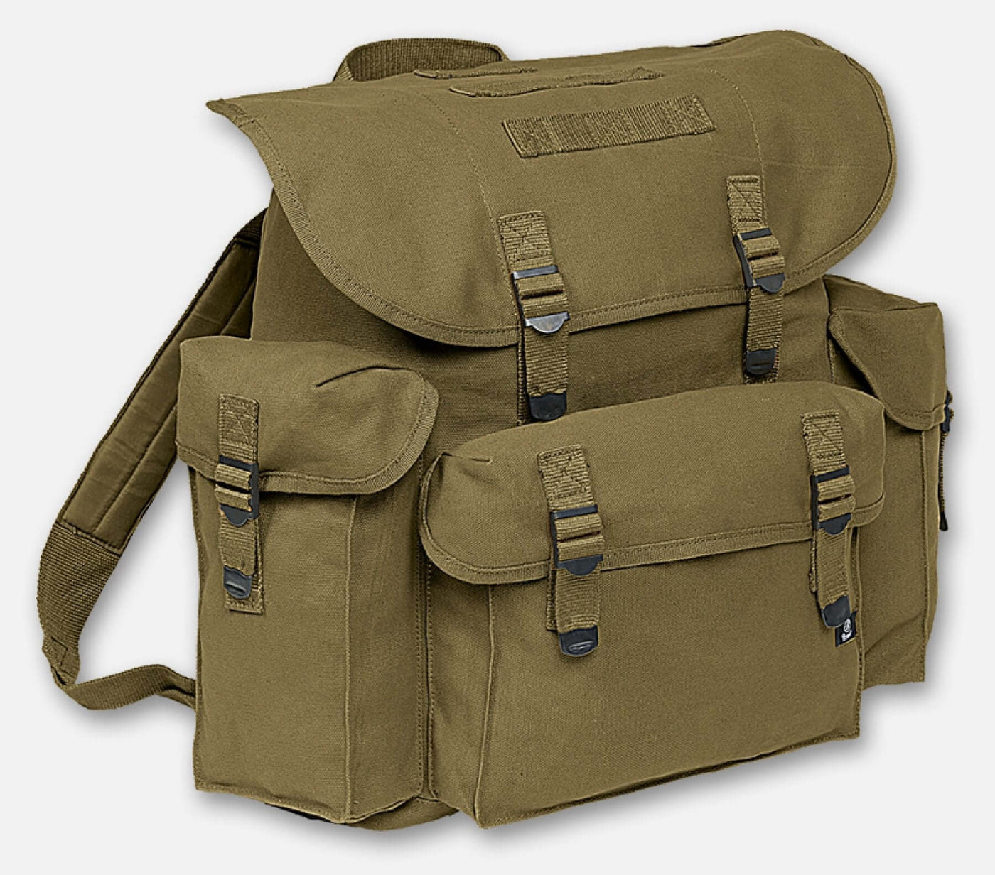Pocket military bag with lightly padded straps, metal closures, and multiple outside pockets, made of durable cotton.