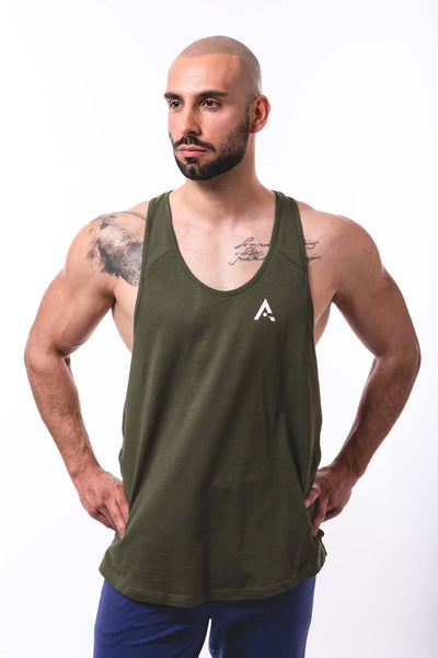 Men's fitness stringer tank top in olive green, showcasing muscular build and perfect for workouts or summer wear.