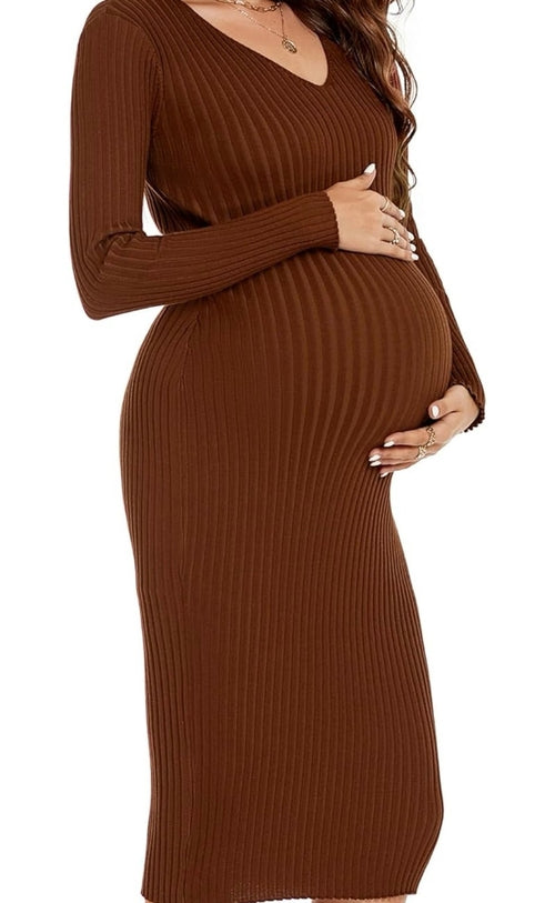 Maternity Long Sleeve V-Neck Knit Stretch Sweater Dress