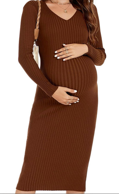 Maternity Long Sleeve V-Neck Knit Stretch Sweater Dress