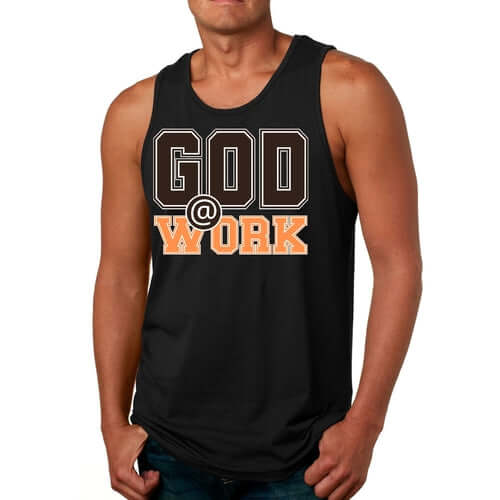 Mens Fitness Tank Top Graphic T-shirt God @ Work Brown and Orange