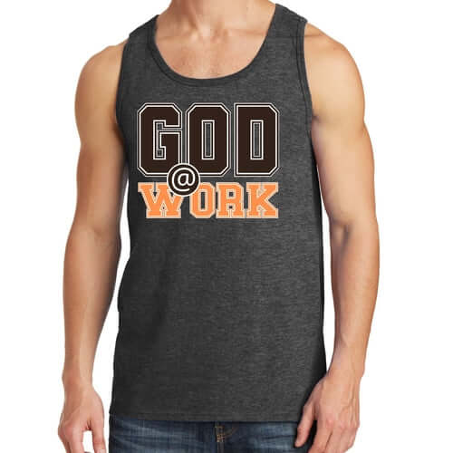 Mens Fitness Tank Top Graphic T-shirt God @ Work Brown and Orange