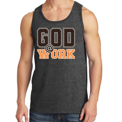 Mens Fitness Tank Top Graphic T-shirt God @ Work Brown and Orange