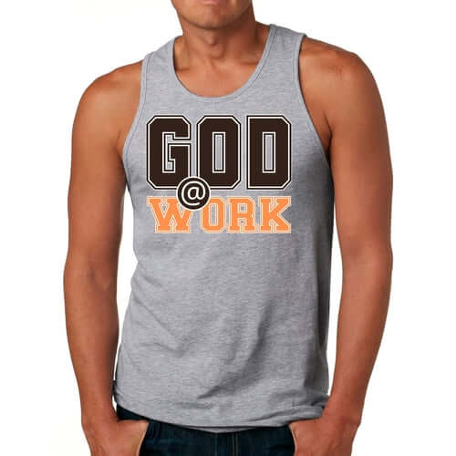 Mens Fitness Tank Top Graphic T-shirt God @ Work Brown and Orange