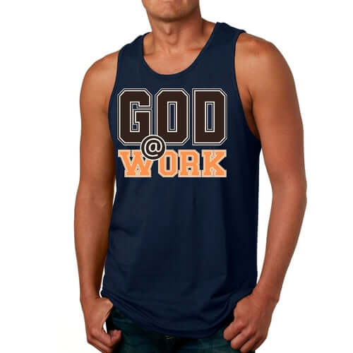Mens Fitness Tank Top Graphic T-shirt God @ Work Brown and Orange