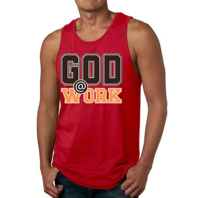 Mens Fitness Tank Top Graphic T-shirt God @ Work Brown and Orange