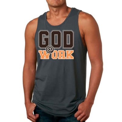Mens Fitness Tank Top Graphic T-shirt God @ Work Brown and Orange