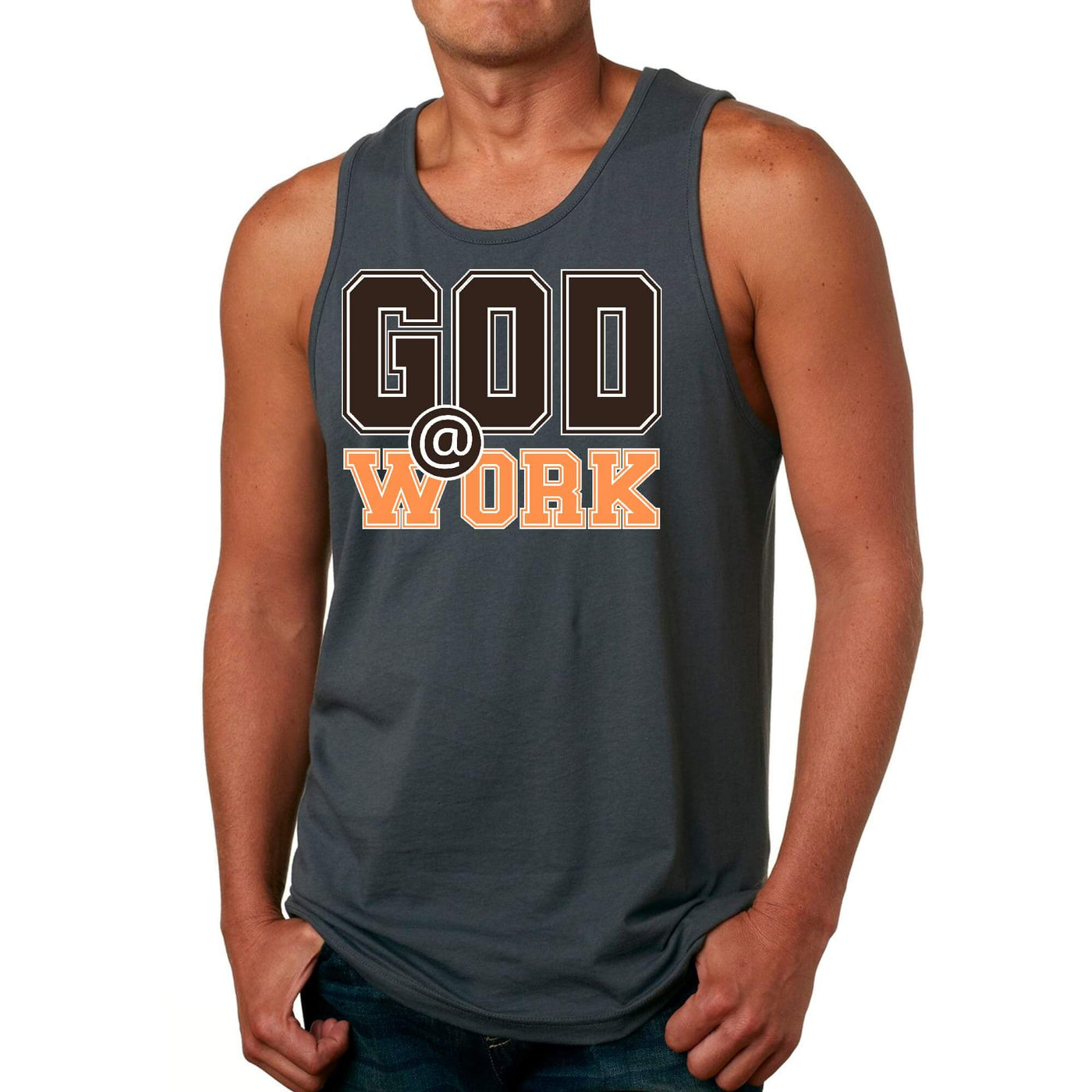 Mens Fitness Tank Top Graphic T-shirt God @ Work Brown and Orange