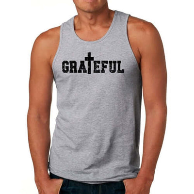 Men's gray fitness tank top with 'GRATEFUL' graphic print, made of soft preshrunk cotton for comfort and durability.