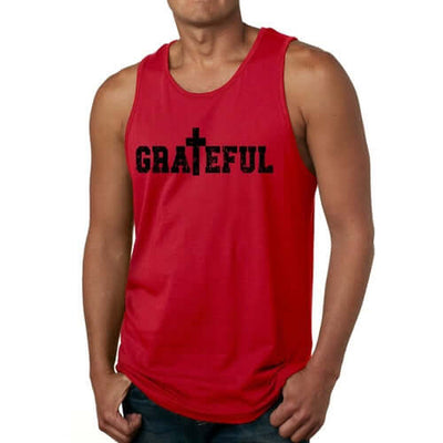 Red men's fitness tank top with 'GRATEFUL' graphic print, made from soft preshrunk cotton for comfort.
