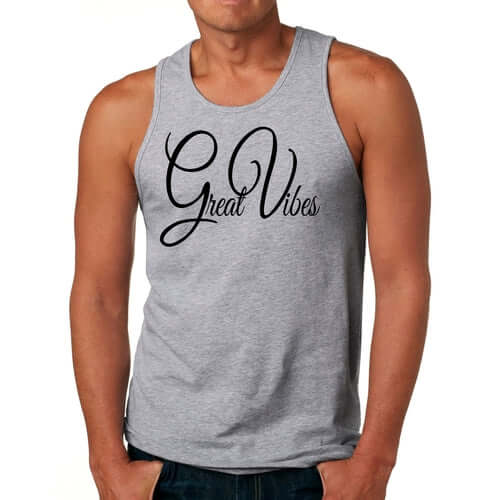 Men's grey tank top featuring 'Great Vibes' graphic, perfect for fitness and casual wear.