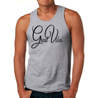 Men's grey tank top featuring 'Great Vibes' graphic, perfect for fitness and casual wear.