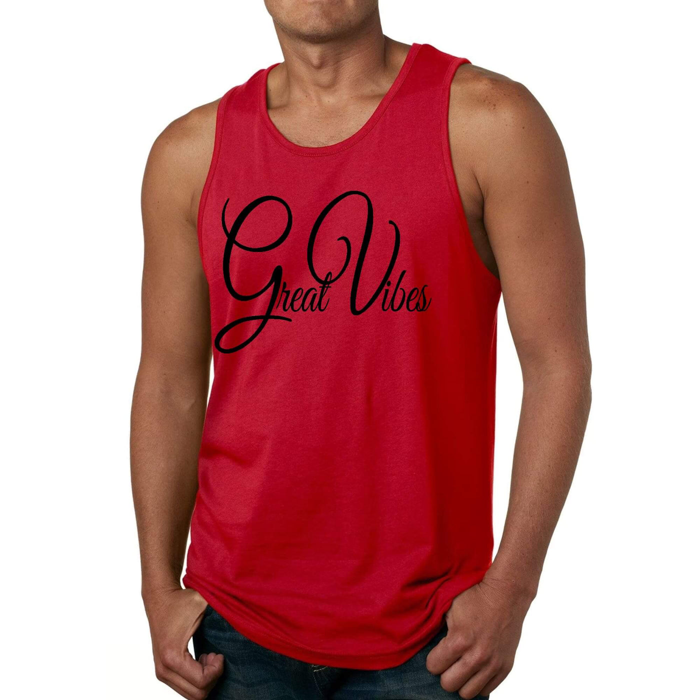 Men's red fitness tank top featuring 'Great Vibes' graphic, made from soft preshrunk cotton for comfort.