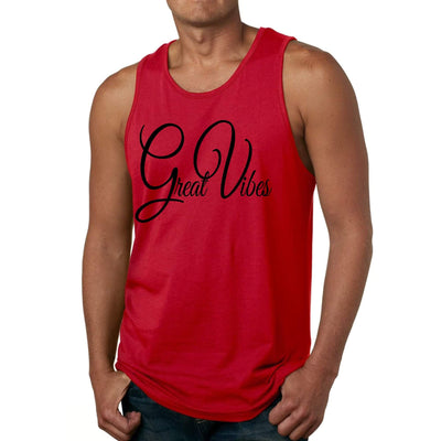 Men's red fitness tank top featuring 'Great Vibes' graphic, made from soft preshrunk cotton for comfort.