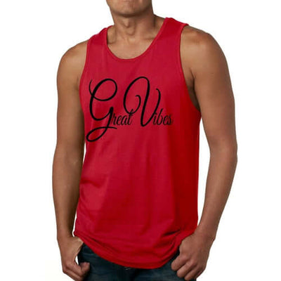 Men's red tank top with 'Great Vibes' graphic, comfortable fit, ideal for fitness activities.