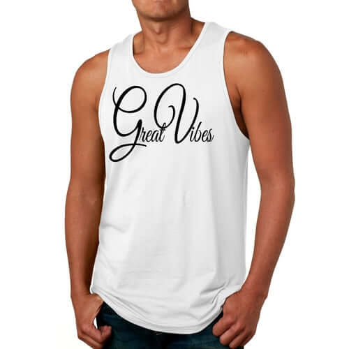 Mens fitness tank top with 'Great Vibes' graphic, made from soft preshrunk cotton for comfort and classic fit.