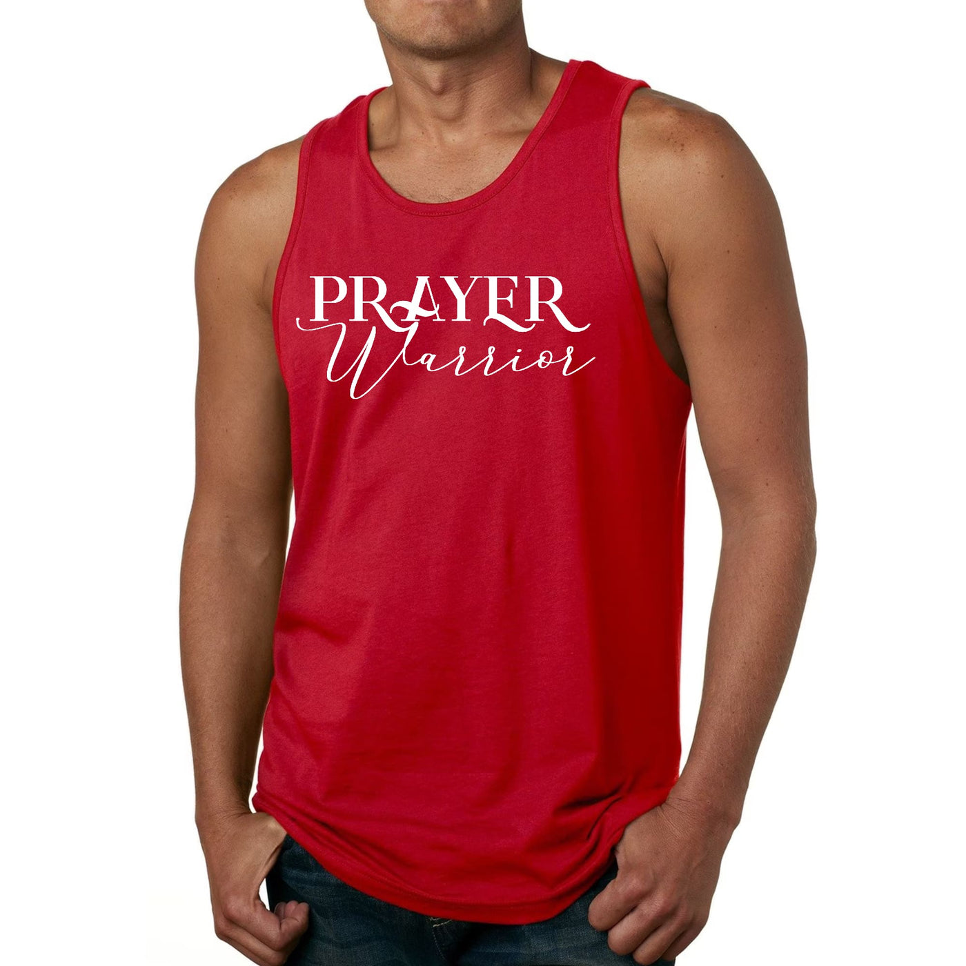 Men's red fitness tank top featuring 'PRAYER Warrior' graphic in script style, made of soft preshrunk cotton.