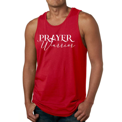 Men's red fitness tank top featuring 'PRAYER Warrior' graphic in script style, made of soft preshrunk cotton.