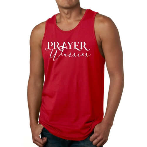 Men's red fitness tank top featuring 'Prayer Warrior' graphic design in script style.