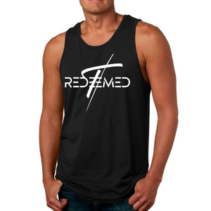 Men's fitness tank top featuring 'Redeemed' graphic in bold white on a black background, perfect for workouts.