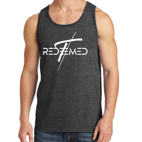 Men's fitness tank top featuring the graphic 'Redeemed' in stylish font, made from soft preshrunk cotton for comfort.
