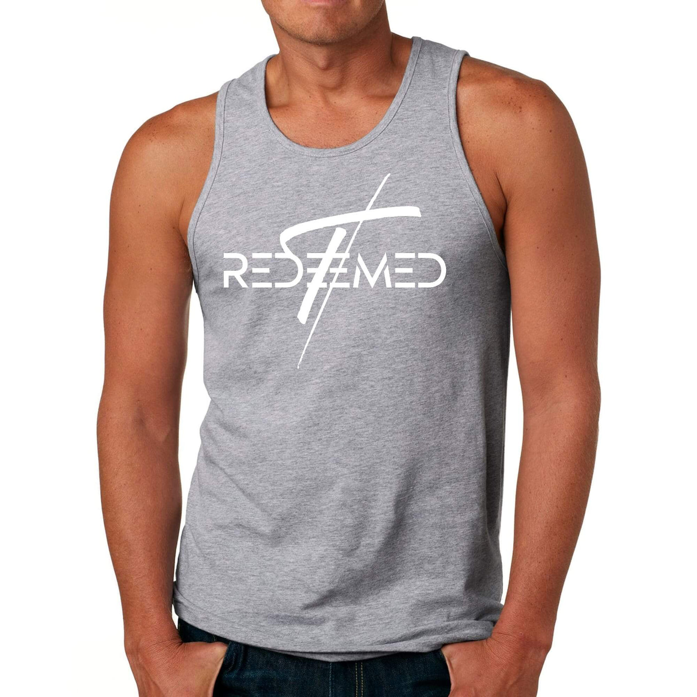 Mens fitness tank top featuring 'Redeemed' graphic, made of soft preshrunk cotton for comfort and durability.