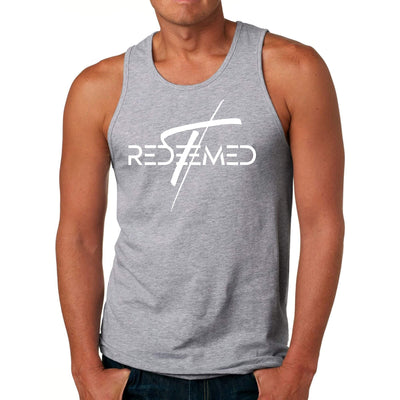 Mens fitness tank top featuring 'Redeemed' graphic, made of soft preshrunk cotton for comfort and durability.